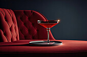 Seitenansicht eines roten Cocktailglases auf einem Tisch in einem luxuriösen roten Interieur. Generative KI
