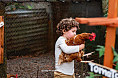 Kleiner Junge mit lockigen Haaren hält ein Huhn und spielt im Garten eines Dorfes