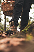 Low angle of crop unrecognizable female carrying wicker basket with edible mushrooms in woods