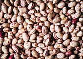 Top view full frame background of healthy dried uncooked white bean seeds with red spots stacked together in light kitchen