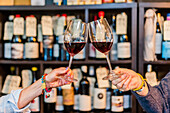 Anonyme Frau mit Maniküre stößt mit Gläsern mit aromatischem Rotwein an, während ein unscharfer, fröhlicher Freund vor einem Regal mit Weinflaschen in einem Restaurant steht