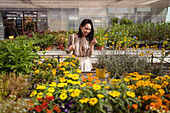 Fröhliche junge ethnische Käuferin lehnt sich nach vorne und pflückt blühende Blumen in einem Gartencenter