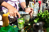 Anonyme Barkeeperin gibt Eiswürfel in ein Glas, während sie kalte, erfrischende Mojito-Cocktails in einer sonnigen Bar im Freien zubereitet