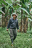 Positive Hispanic man in shirt and bucket hat walking with machete looking away with smile during work on ecological banana farm in Costa Rica