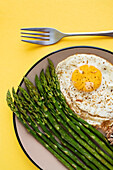 From above breakfast dish of fried egg with green asparagus server on plate on yellow background