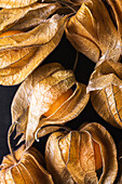 Top view of seamless background of orange physalis placed in rows on black table