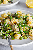 Delicious plate of gnocchi with green asparagus
