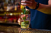 Unrecognizable bartender adding some mint leaves to the glass while preparing mojito cocktail in the bar
