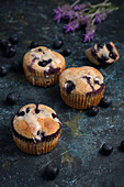 High angle of sweet homemade muffins with cream and blueberries placed near flower on table