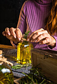 Crop anonymous lady in purple sweater showing essential oil glass bottles with herbs sprigs with green leaves near cloth on table