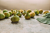 Ripe sweet green figs, freshly harvested from domestic tree, on table with grunge texture. Also known as ripe white figs