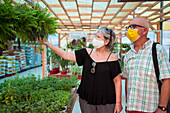 Einkäufer mittleren Alters mit Schutzmasken, die während der Pandemie COVID 19 in einem Gartengeschäft einen Topffarn auswählen