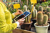 Crop female gardener using modern tablet while counting plants and working in garden center
