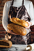 Gesichtslose Kunsthandwerkerin in Schürze mit verschiedenen Brotsorten mit goldener Kruste und Sonnenblumenkernen