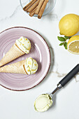 Top view of appetizing ice cream in waffle cornets with zest placed on ceramic plate on table near fresh lemons and bowl with cinnamon sticks