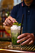 Hands of unrecognizable bartender decorating mojito cocktail with mint leaves in the bar