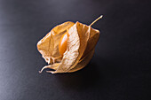 From above of exotic orange Peruvian groundcherry placed on black table in studio