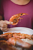 Crop young beautiful female in casual clothes eating prepared appetizing prawns in restaurant