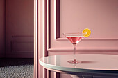 Side view of a pink cocktail glass on a table in a luxury pink interior. Generative AI