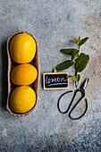 Three ripe lemons arranged in a carton next to a small chalkboard with 'lemon' written on it and a pair of scissors, all set on a textured grey background