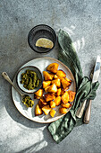 Top view of golden roasted potatoes on a white plate with green pesto in a small bowl, a glass of water, and cutlery wrapped in a green napkin on a textured grey background