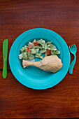 A plastic bag shaped like a chicken drumstick, paired with salad on a vibrant children's plate, presenting a surreal concept about food and waste.