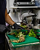 A chef is meticulously preparing fresh lettuce on a green cutting board in a professional kitchen setting, demonstrating hygiene with black gloves
