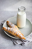 Two homemade jam-filled pastry cones with a dusting of powdered sugar, accompanied by a bottle of milk, on a ceramic plate over a grey napkin and countertop