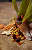 Marinated char with corn and bean salad