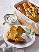 Potato and courgette bread with dill and yoghurt dip