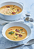 Slovakian potato soup with bryndza cheese and bacon
