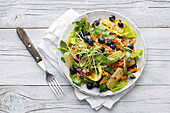 Green salad with hand cheese and blueberries
