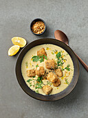 Lentil soup with crispy dukkah tofu