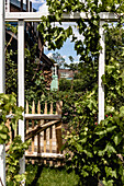 Holztor und Laubengang in einem üppigen Garten im Sommer