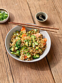 Asian noodle salad with vegetables and sesame sauce