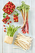 Strawberries, rhubarb, green and white asparagus
