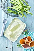 Green asparagus ice cream with waffle cones