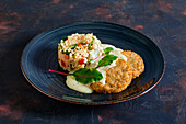 Pike meatball with rice, green beans and peppers with cream sauce