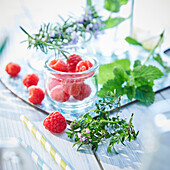 Raspberries with mint, thyme and rosemary