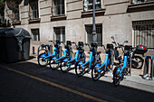 BiciMAD bikes, a bicycle rental program operated by the Madrid City Hall, Spain