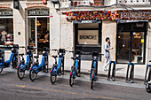 BiciMAD bikes, a bicycle rental program operated by the Madrid City Hall, Spain