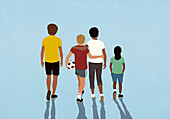 Affectionate kid friends hugging and walking with soccer ball