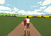 Affectionate boy friends with soccer ball hugging and walking in idyllic countryside