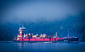 Tank barge on foggy day, Hudson River, New York, USA