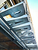 Low angle view of abstract building sign, Parsons School of Design, The New School, Fifth Avenue, New York City, New York, USA