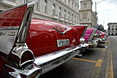 Kuba,La Havanna,Paseo de Marti,alte amerikanische Autos aus den 50er Jahren in leuchtenden Farben