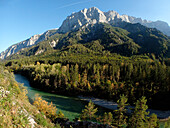 Austria,Styria,ENNSTAL Alps,the green water Enns river runs at the bottom of the limestone range of the Grosser Odstein 2335m