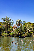 BARCELONA,SPAIN - JUNE 2,2019 : People enjoying a boat ride on the lake in Ciutadella Park in Barcelona.