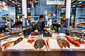 Saint-Jean-de-Luz,France - September 08,2019 - View of a stall of a fish vendor at the market hall