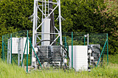 France. Seine et Marne. Boissy le Chatel. Mobile telephony relay antenna towers. Close-up of technical hazardous areas.